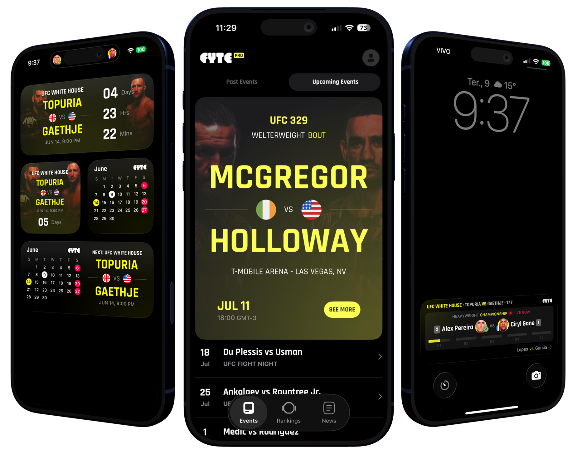 Fyte UFC app on iPhone showing home screen widgets, fight cards and Live Activities