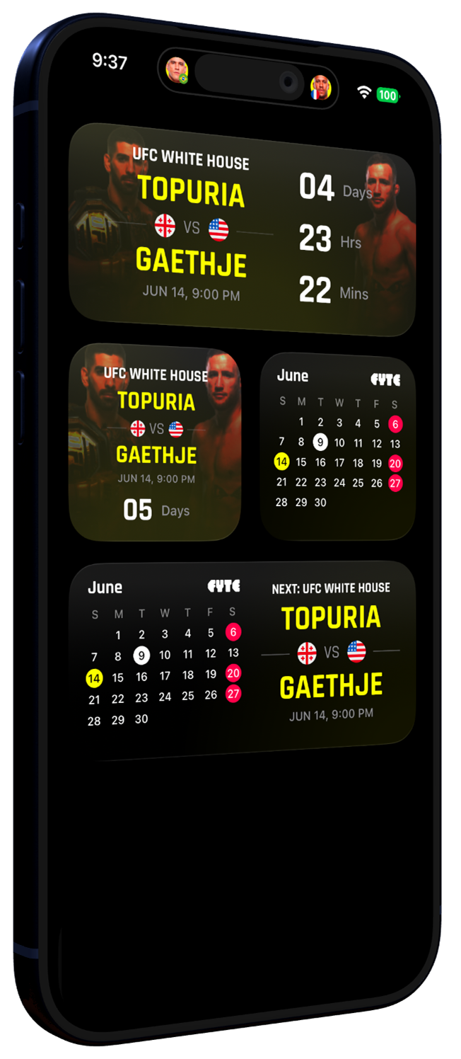 Fyte exclusive UFC widgets on iPhone home screen with countdown and calendar